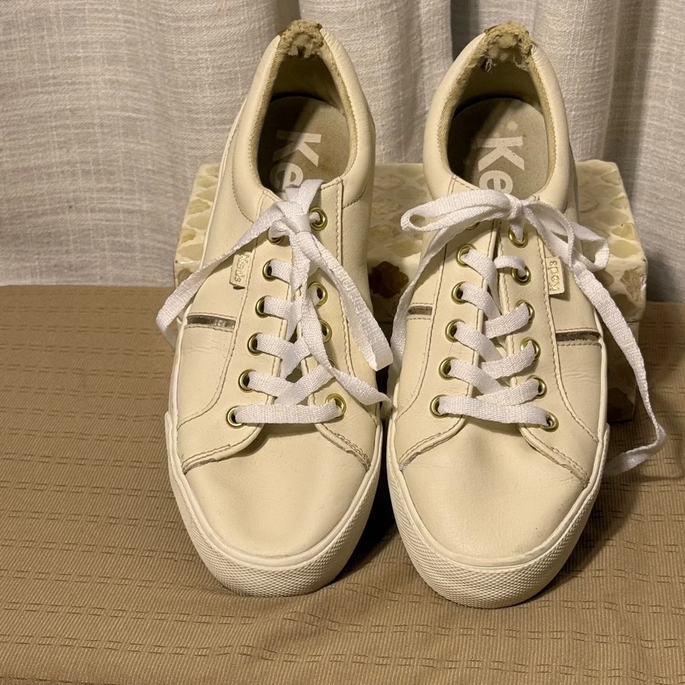 Keds Womens WH68090 Cream Gold Leather‎ Platform Sneakers Size 7.5